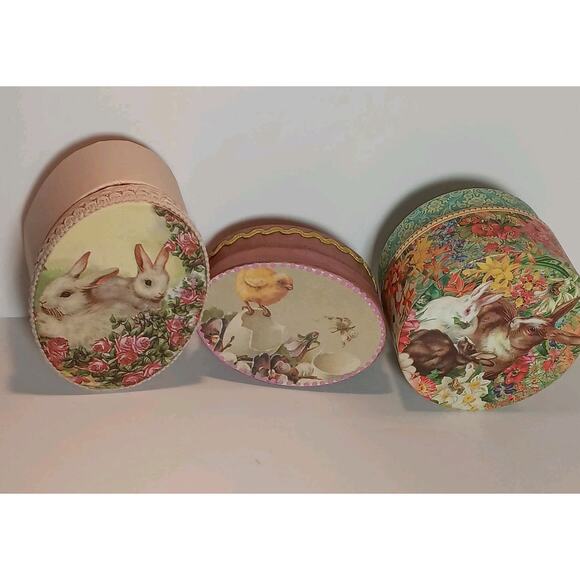 Set of 3 Easter Bunny Rabbit Chicks Oval Boxes Home Decor Gift Victorian Lace - Picture 3 of 13